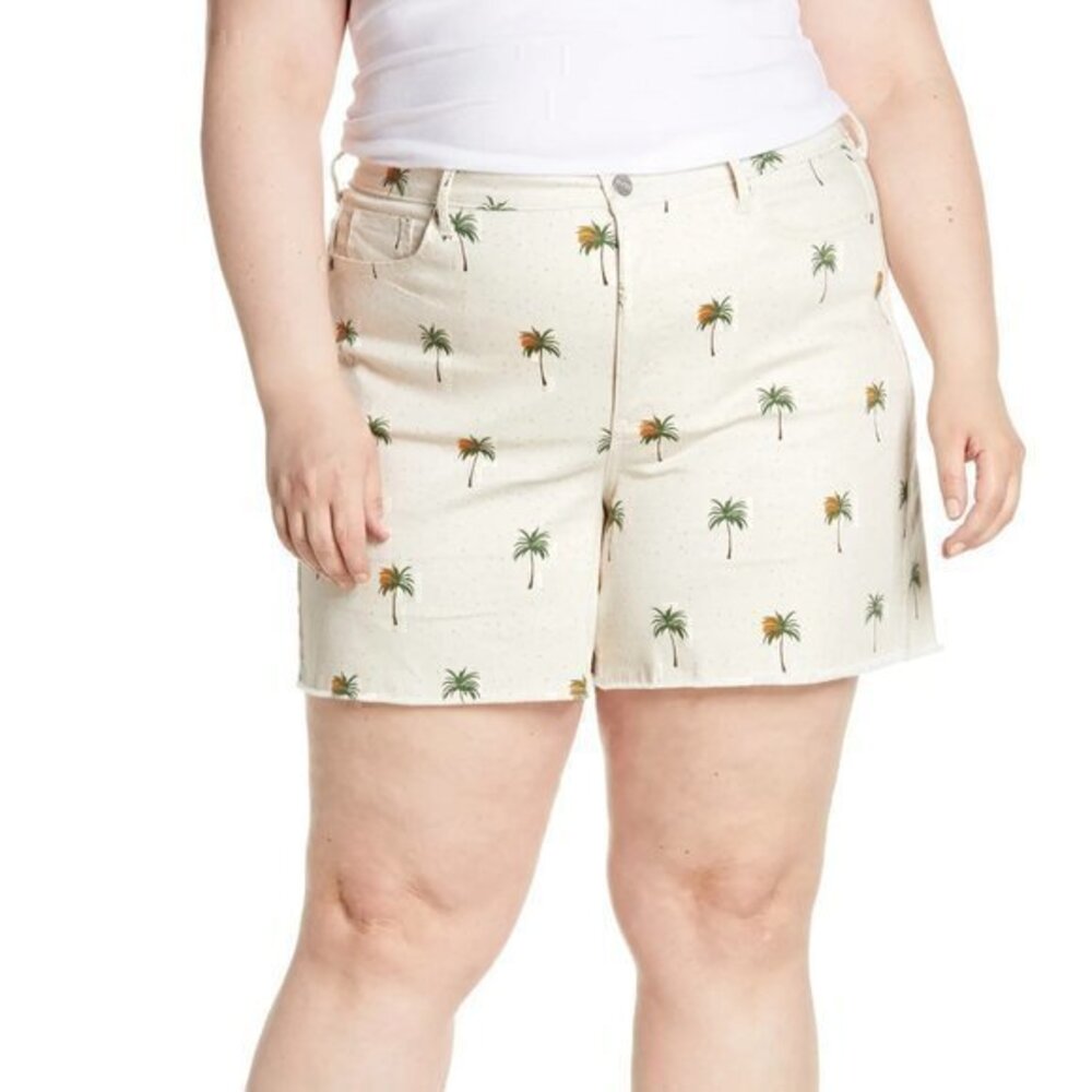NYDJ Palm Print High Waist Frayed Hem Denim A-Line Shorts Plus Size 22W NWT